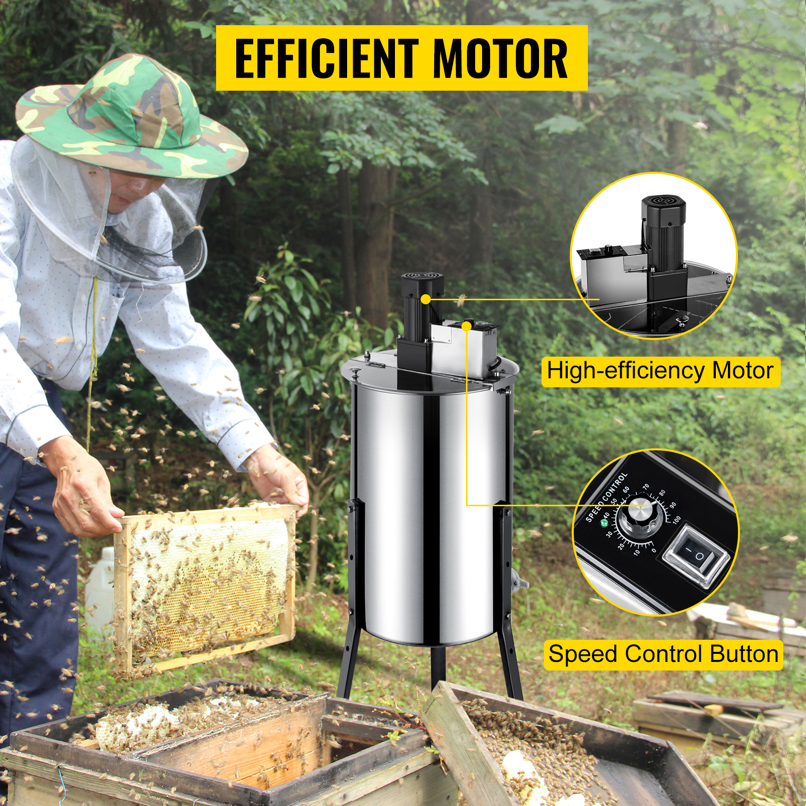 efficient motor VEVOR honey extractor with high-efficiency motor and speed control button.