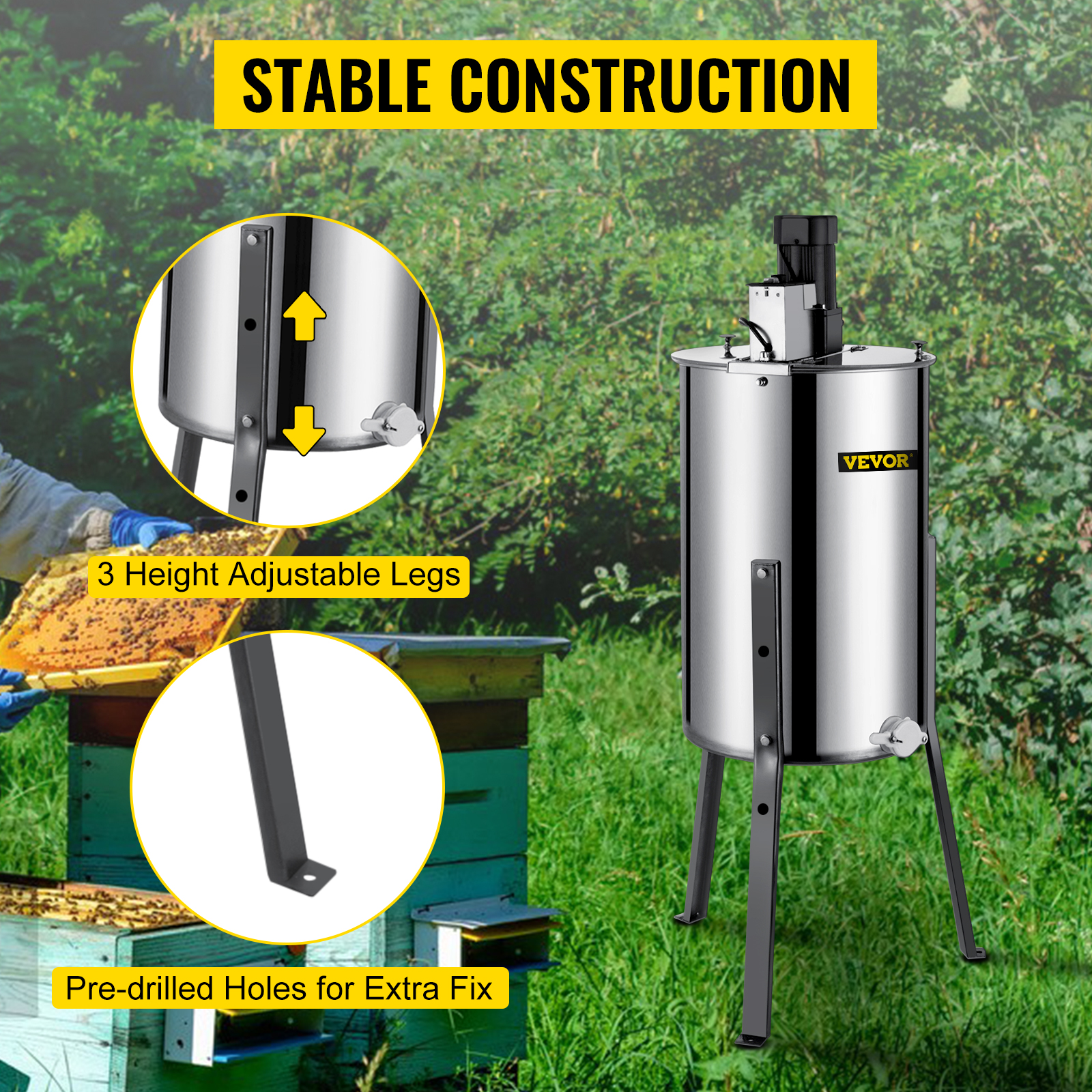 VEVOR honey extractor with stable construction and height-adjustable legs.
