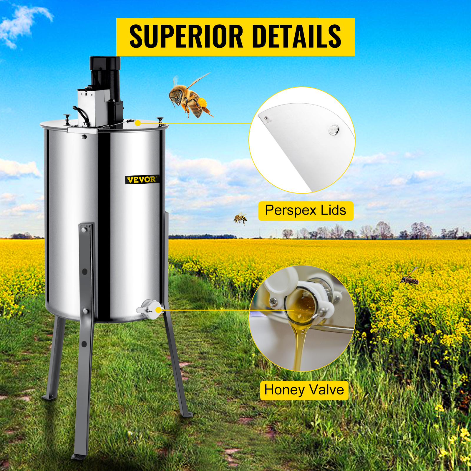VEVOR honey extractor with perspex lids and honey valve in a blooming field.