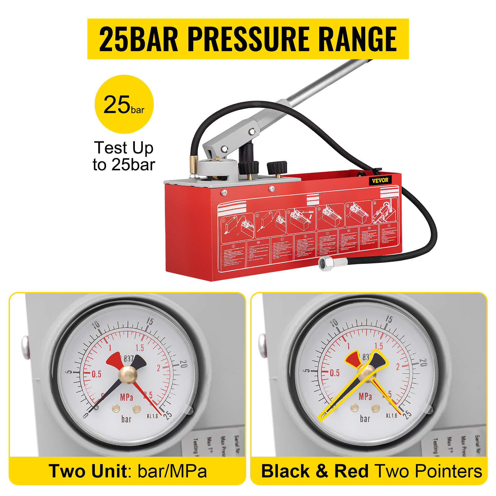 VEVOR hydrostatic pressure test pump, 25bar range, dual-unit gauge, black and red pointers.