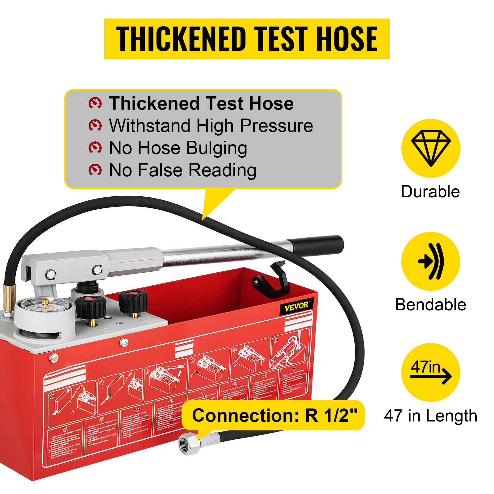VEVOR hydrostatic pressure test pump with thickened hose, 47in length, and r 1/2" connection