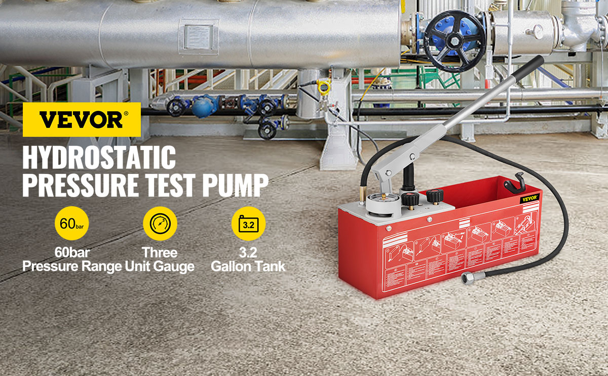 VEVOR hydrostatic test pump with 60bar gauge and 3.2-gallon tank in an industrial setting.