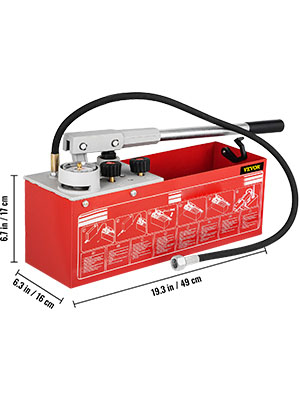 VEVOR hydrostatic test pump, red tank with handle and hose, dimensions labeled.