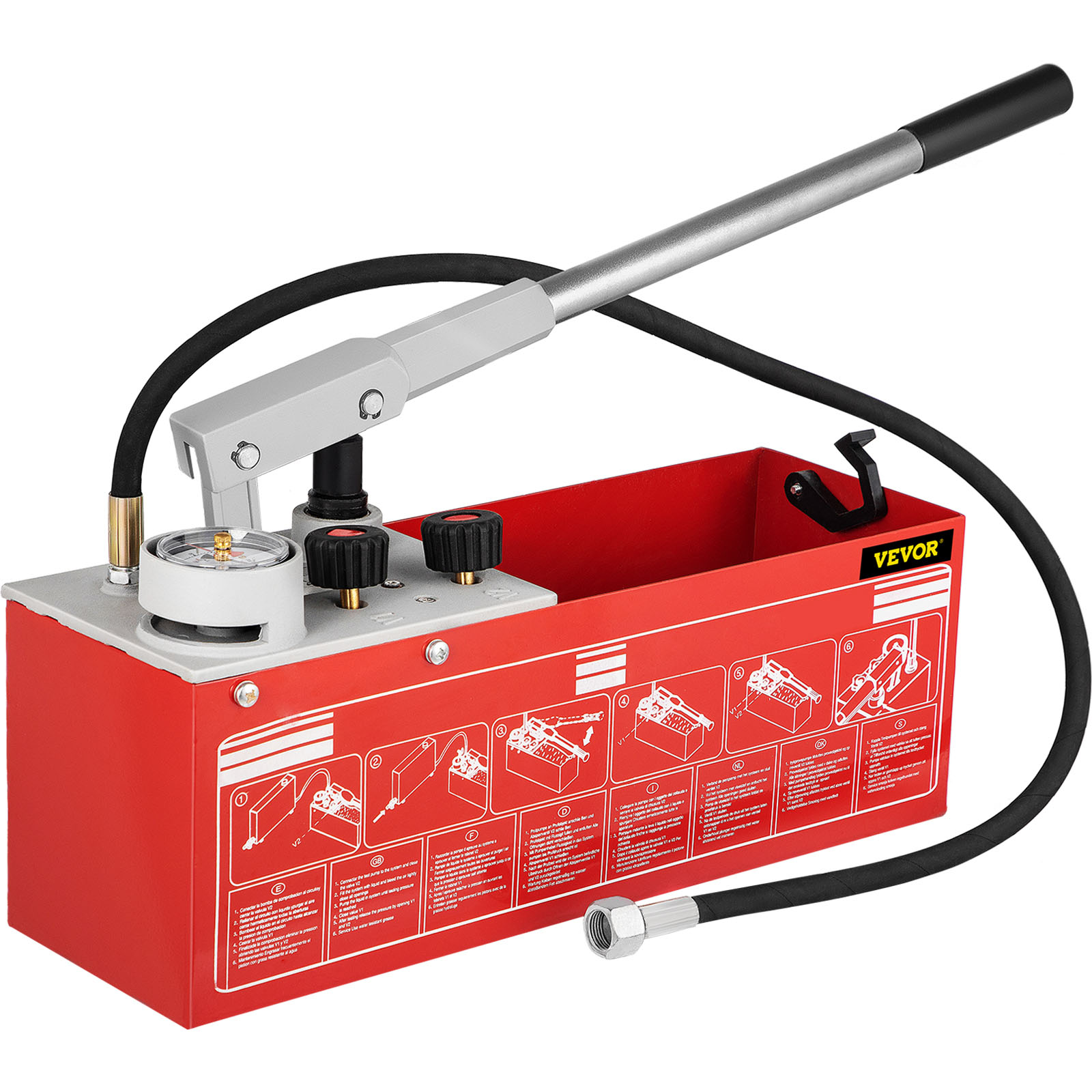 red VEVOR hydrostatic test pump with black hose and pressure gauge.