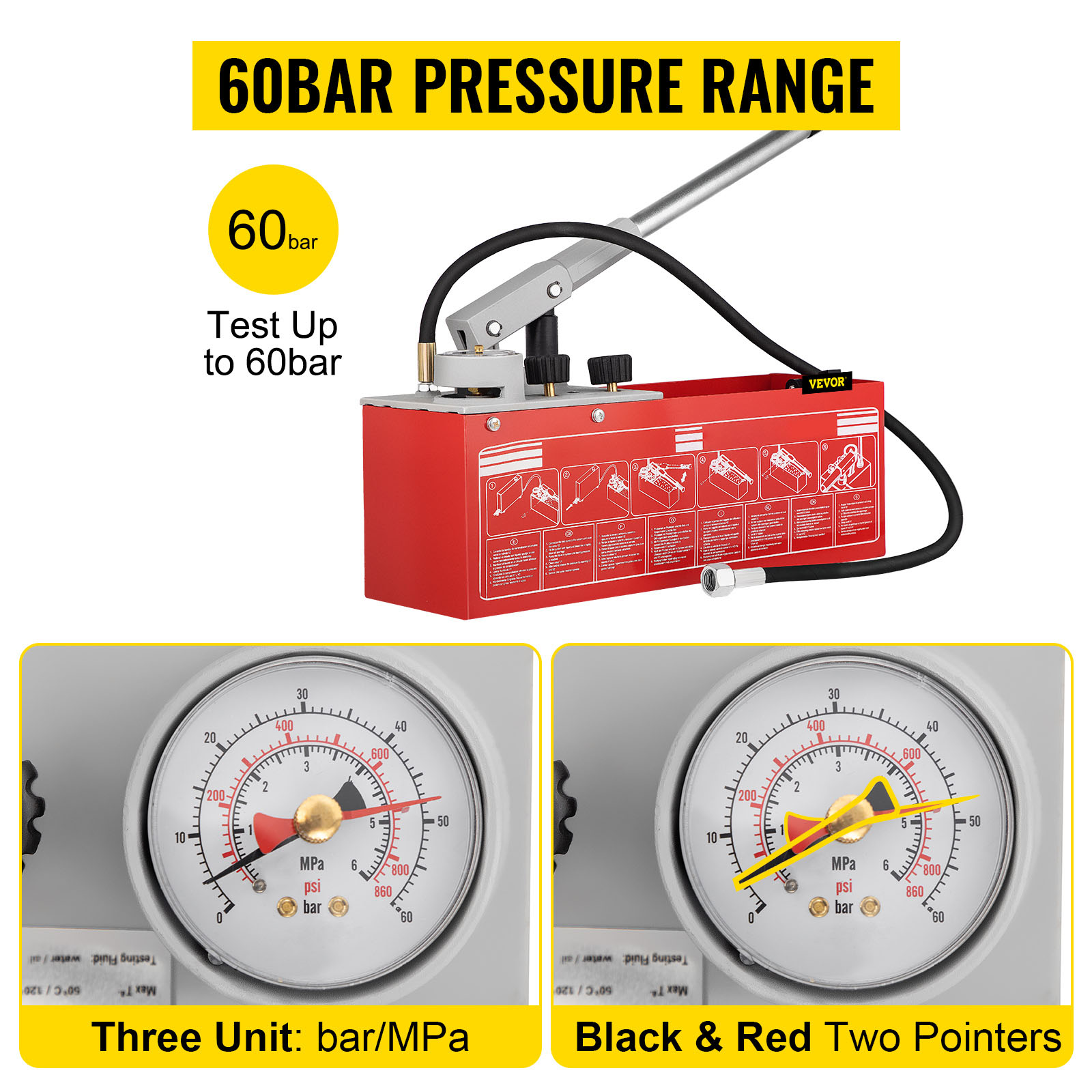 VEVOR hydrostatic test pump with 60bar pressure range, dual gauge displays.