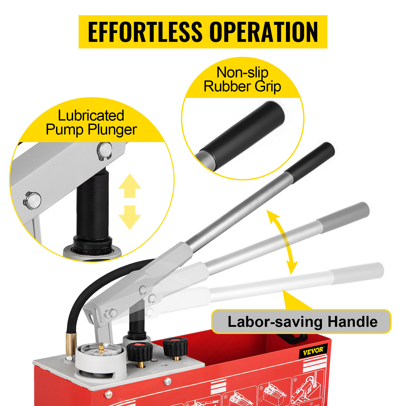 VEVOR hydrostatic test pump with a lubricated plunger, non-slip grip, and labor-saving handle.