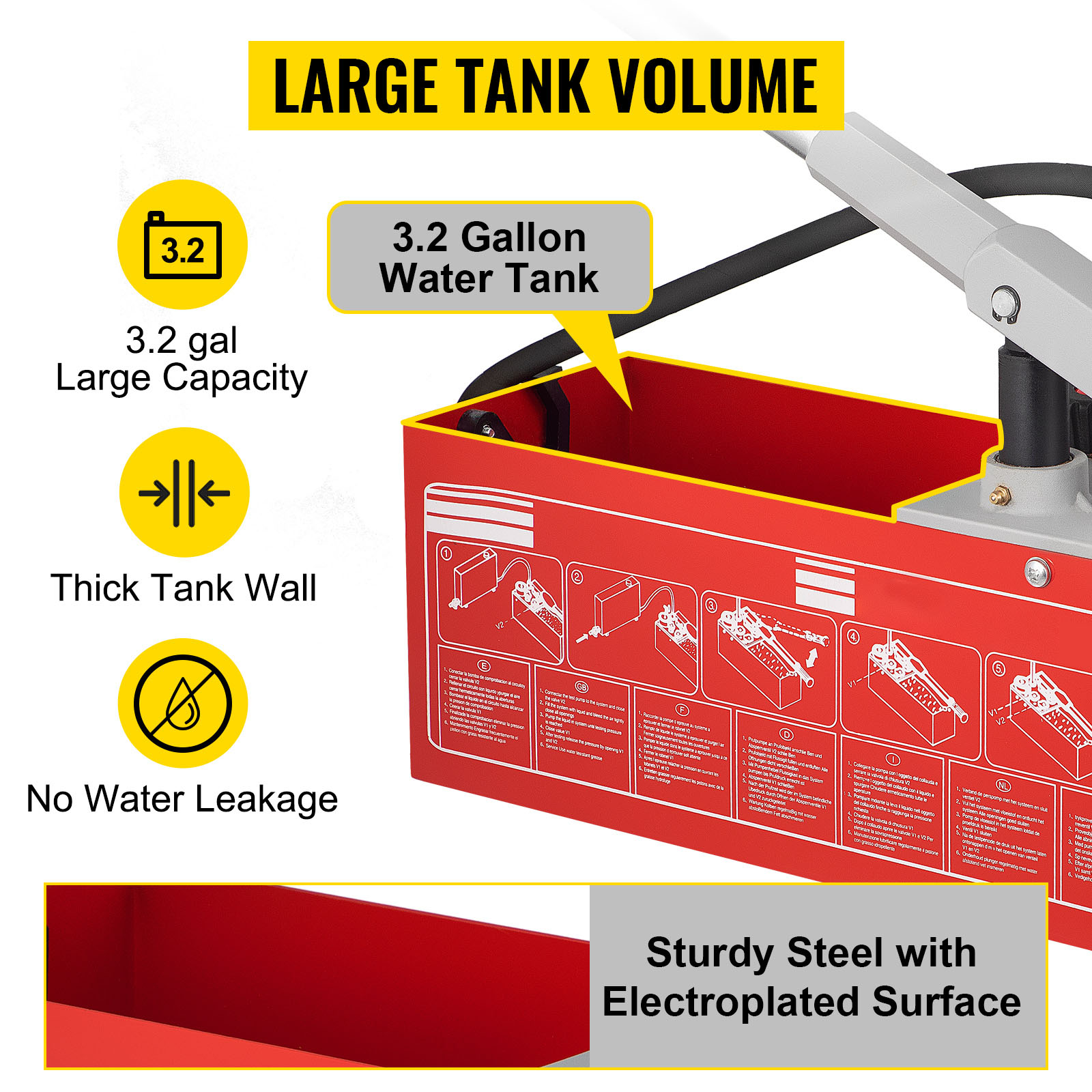 VEVOR hydrostatic test pump with 3.2-gallon tank, thick walls, and no leak design.
