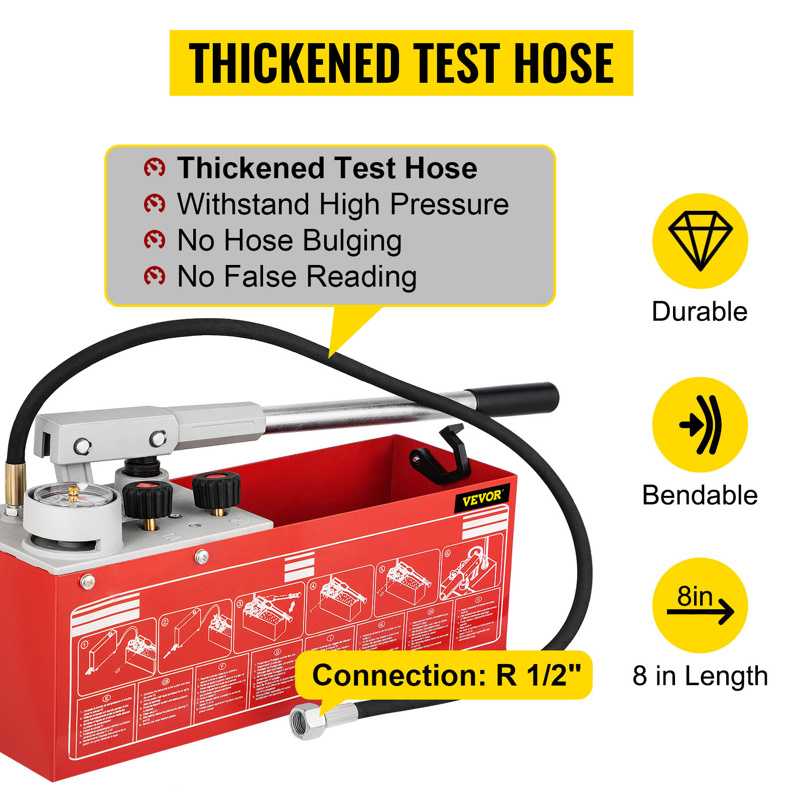 VEVOR hydrostatic test pump with thickened test hose, 8in length, withstands high pressure.