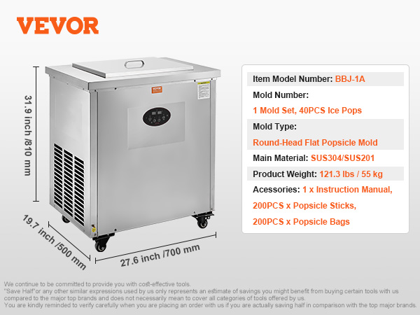 VEVOR popsicle machine model bbj-1a, dimensions 31.9x19.7x27.6 inches, with accessories included.