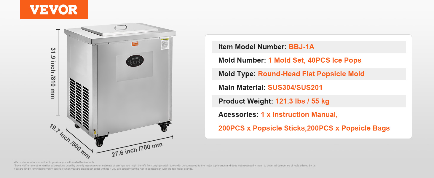 VEVOR popsicle machine model bbj-1a, dimensions 31.9x19.7x27.6 inches, with accessories included.