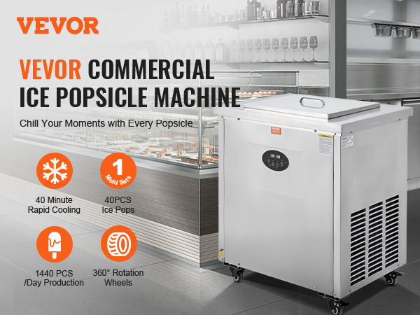 VEVOR popsicle machine in a commercial kitchen, highlighting features like rapid cooling and high production.