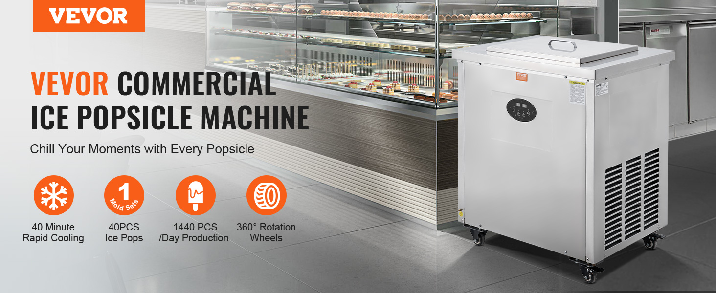 VEVOR popsicle machine in a commercial kitchen, highlighting features like rapid cooling and high production.