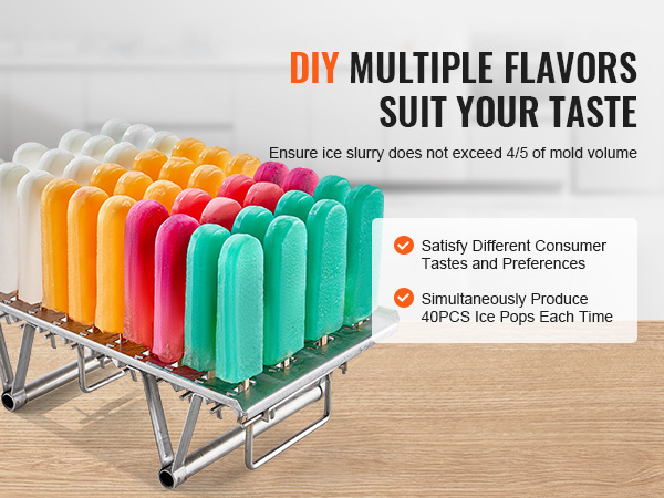 VEVOR popsicle machine displaying assorted colorful ice pops on a wooden table.