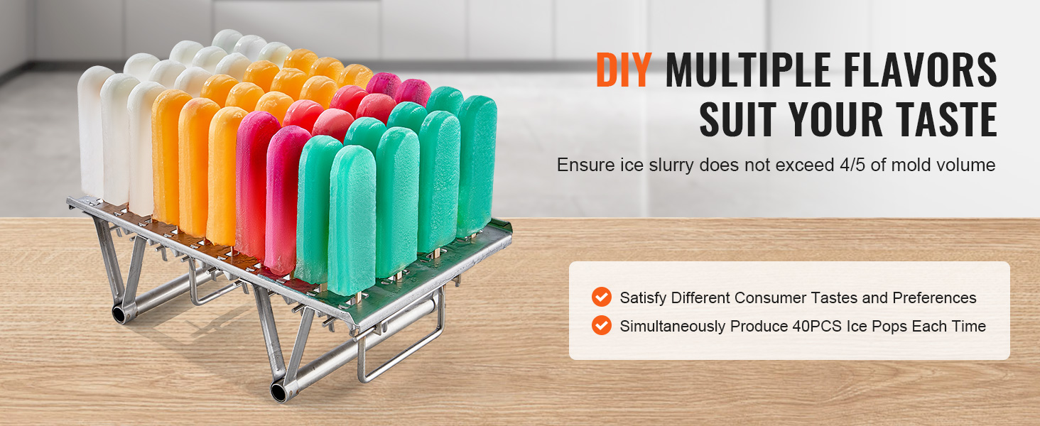 VEVOR popsicle machine displaying assorted colorful ice pops on a wooden table.