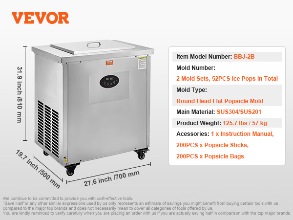 VEVOR popsicle machine bbj-2b, dimensions: 31.9"x19.7"x27.6", 2 molds, sus304/sus201 material.