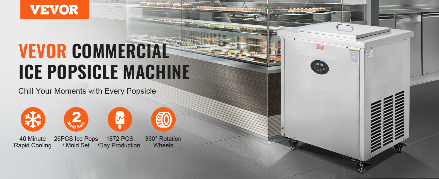 VEVOR popsicle machine in a sleek kitchen; 40-min cooling; 26 pops per set; 1872 pops/day; 360° wheels.