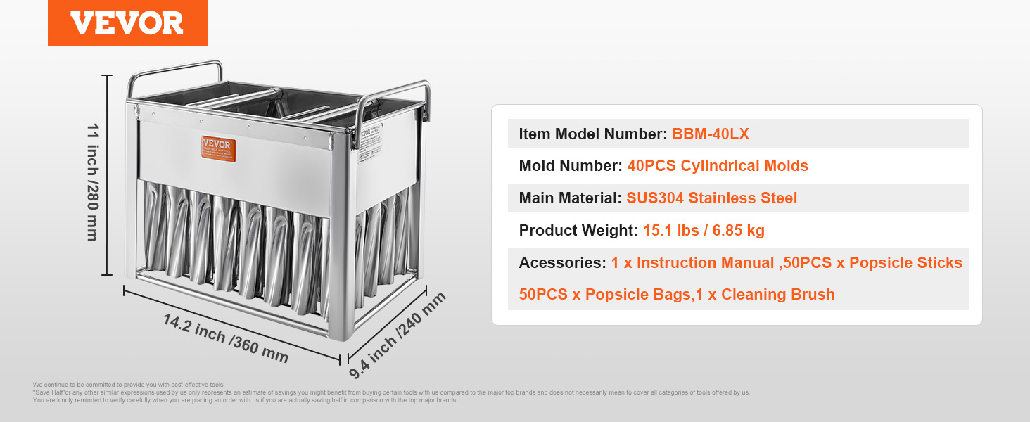 VEVOR popsicle molds with 40pcs cylindrical molds, made of sus304 stainless steel, model bbm-40lx.