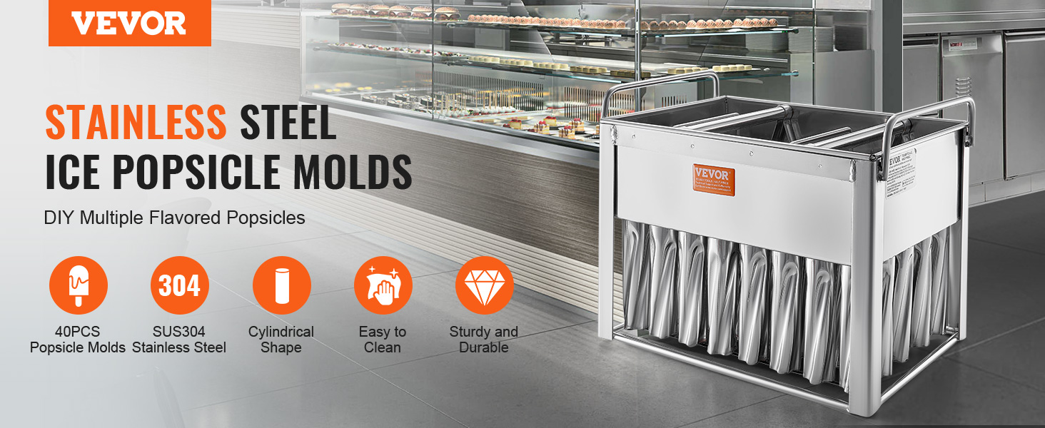 VEVOR popsicle molds - sus304 stainless steel, 40pcs, cylindrical shape, easy to clean, durable.
