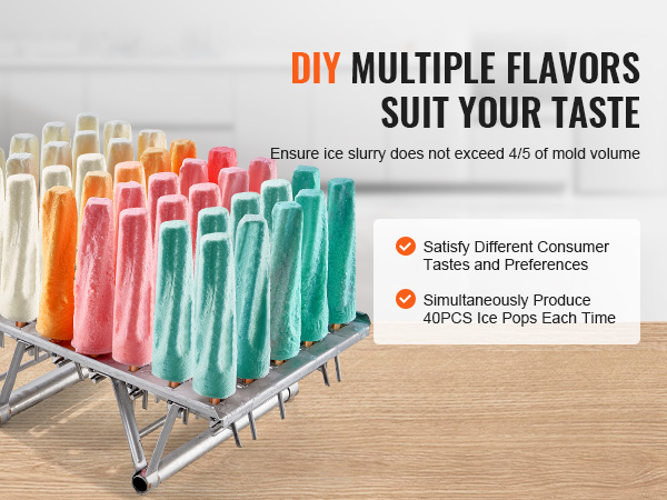 VEVOR popsicle molds with colorful ice pops on a stainless steel rack, showcasing multiple flavors.