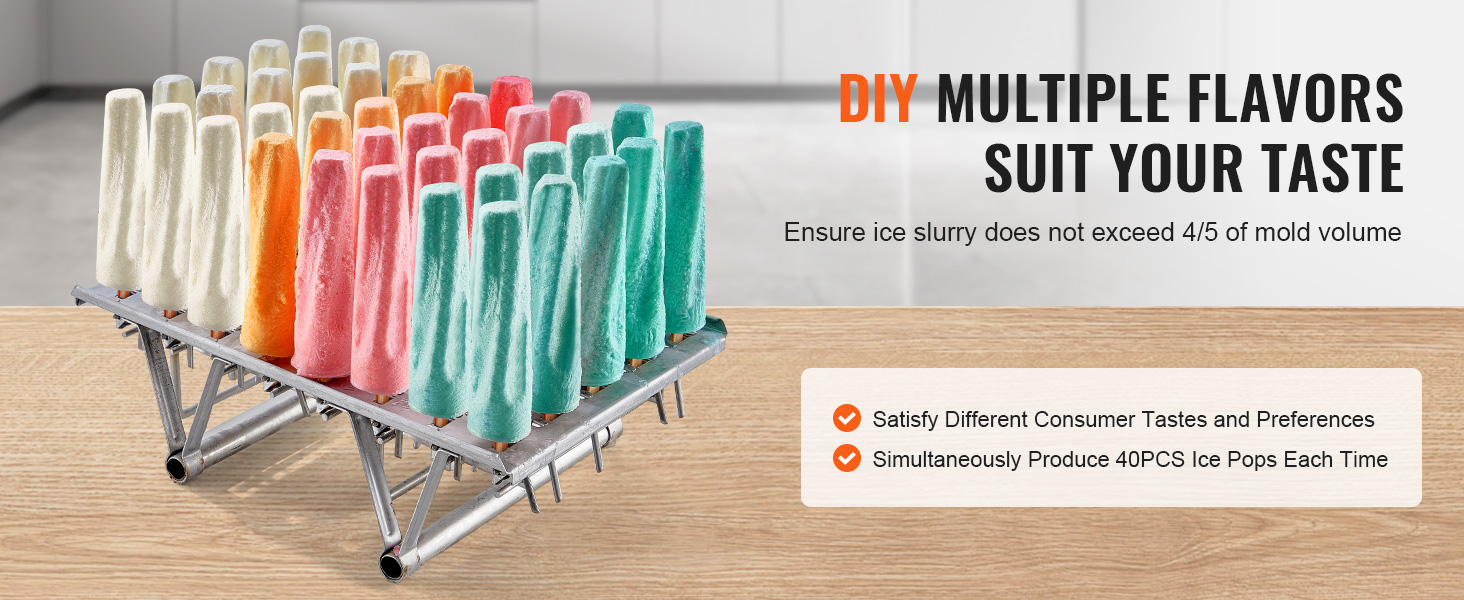 VEVOR popsicle molds with colorful ice pops on a stainless steel rack, showcasing multiple flavors.