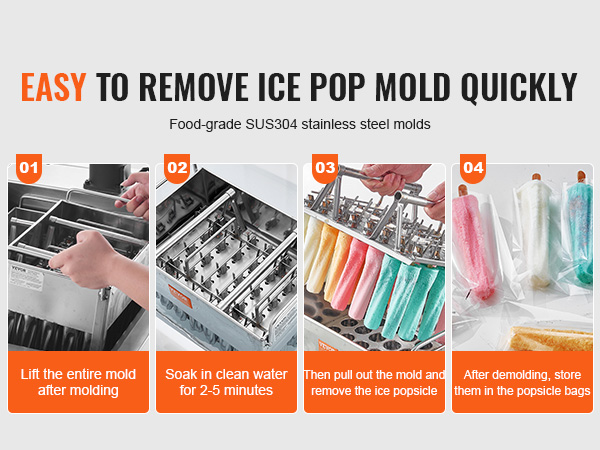 VEVOR popsicle molds step-by-step guide: lifting mold, soaking, removing popsicles, storing in bags.