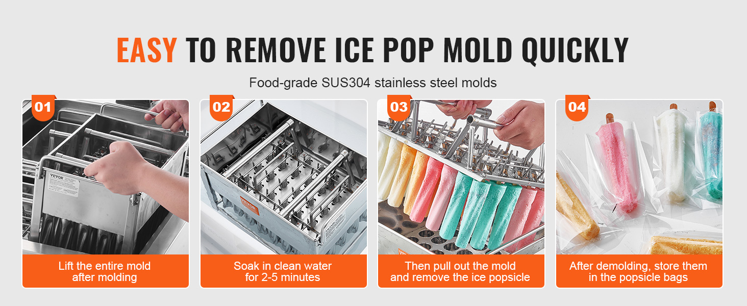 VEVOR popsicle molds step-by-step guide: lifting mold, soaking, removing popsicles, storing in bags.