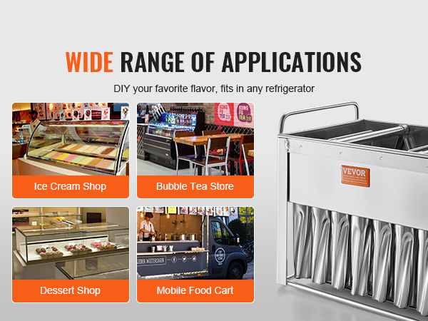 wide range of VEVOR popsicle molds applications: ice cream shop, bubble tea store, dessert shop, food cart.