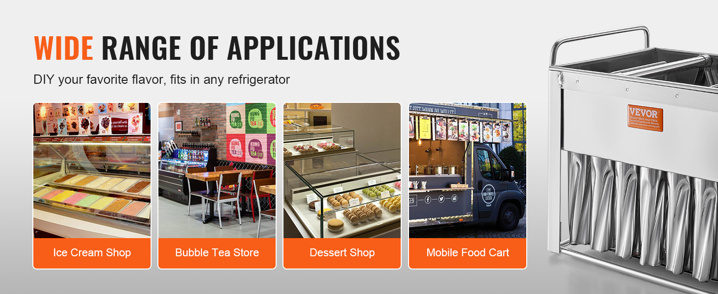 wide range of VEVOR popsicle molds applications: ice cream shop, bubble tea store, dessert shop, food cart.