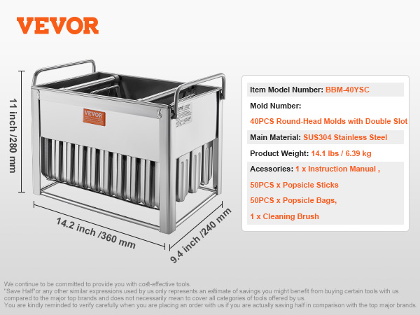 VEVOR popsicle molds kit with stainless steel body, includes 50 popsicle sticks, bags, instructions, brush.