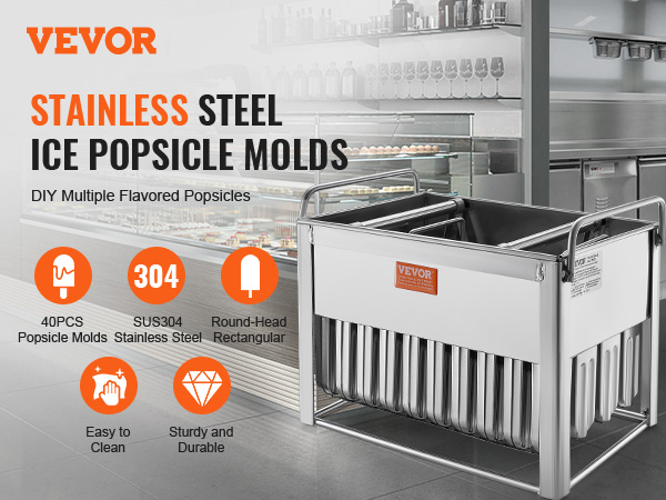 VEVOR popsicle molds in stainless steel, 40pcs, easy to clean, sturdy, and durable for diy ice pops.