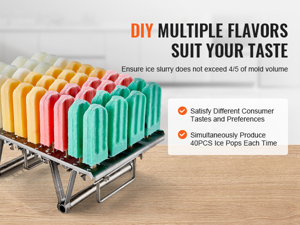diy VEVOR popsicle molds offer 40 colorful ice pops on a metal stand in a kitchen setting.