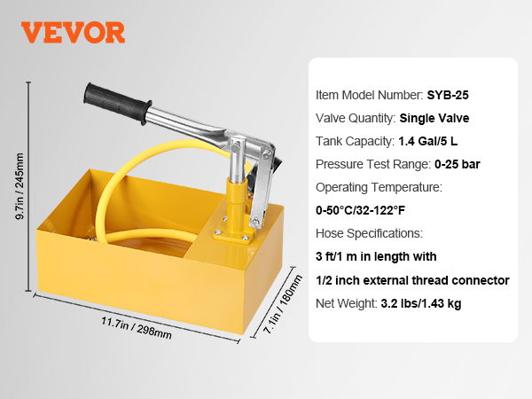 VEVOR hydrostatic test pump, model syb-25 with single valve, 1.4 gal tank, 3 ft hose, and handle.