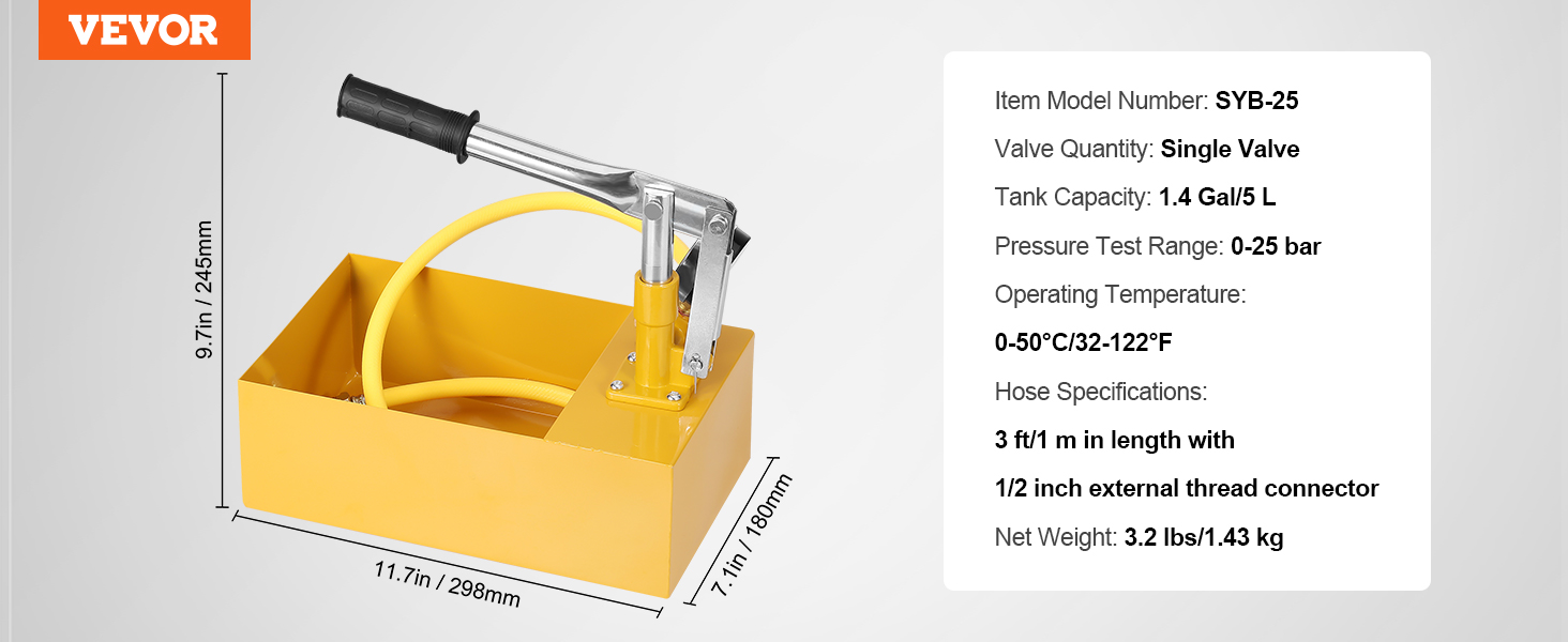 VEVOR hydrostatic test pump, model syb-25 with single valve, 1.4 gal tank, 3 ft hose, and handle.