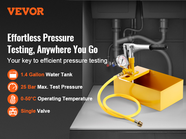 effortless pressure testing with VEVOR hydrostatic test pump, 1.4-gallon tank, 25 bar, and single valve.