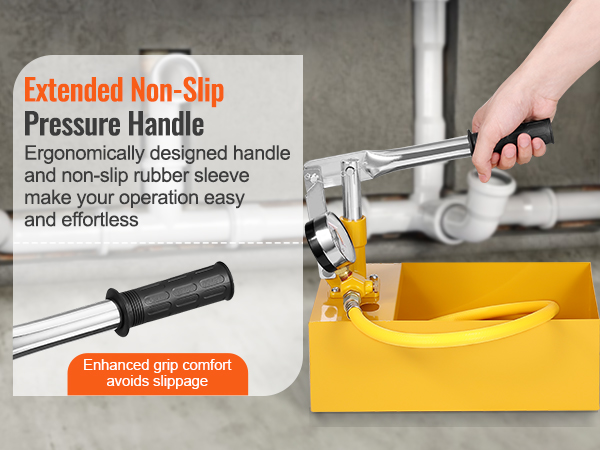 extended non-slip pressure handle on yellow VEVOR hydrostatic test pump for easy operation.