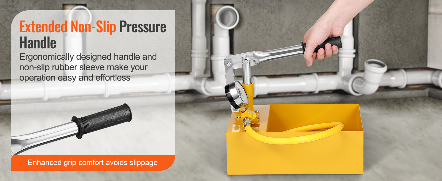 extended non-slip pressure handle on yellow VEVOR hydrostatic test pump for easy operation.
