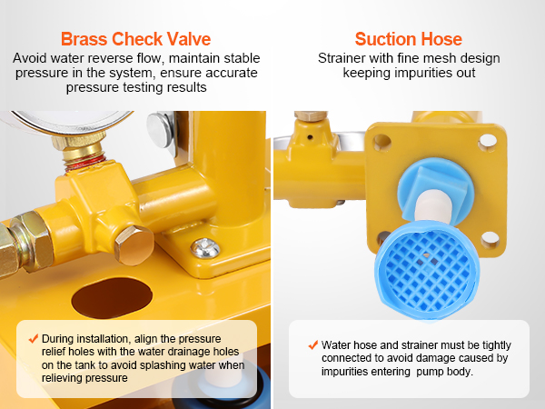brass check valve and blue suction hose with mesh strainer for the VEVOR hydrostatic test pump.
