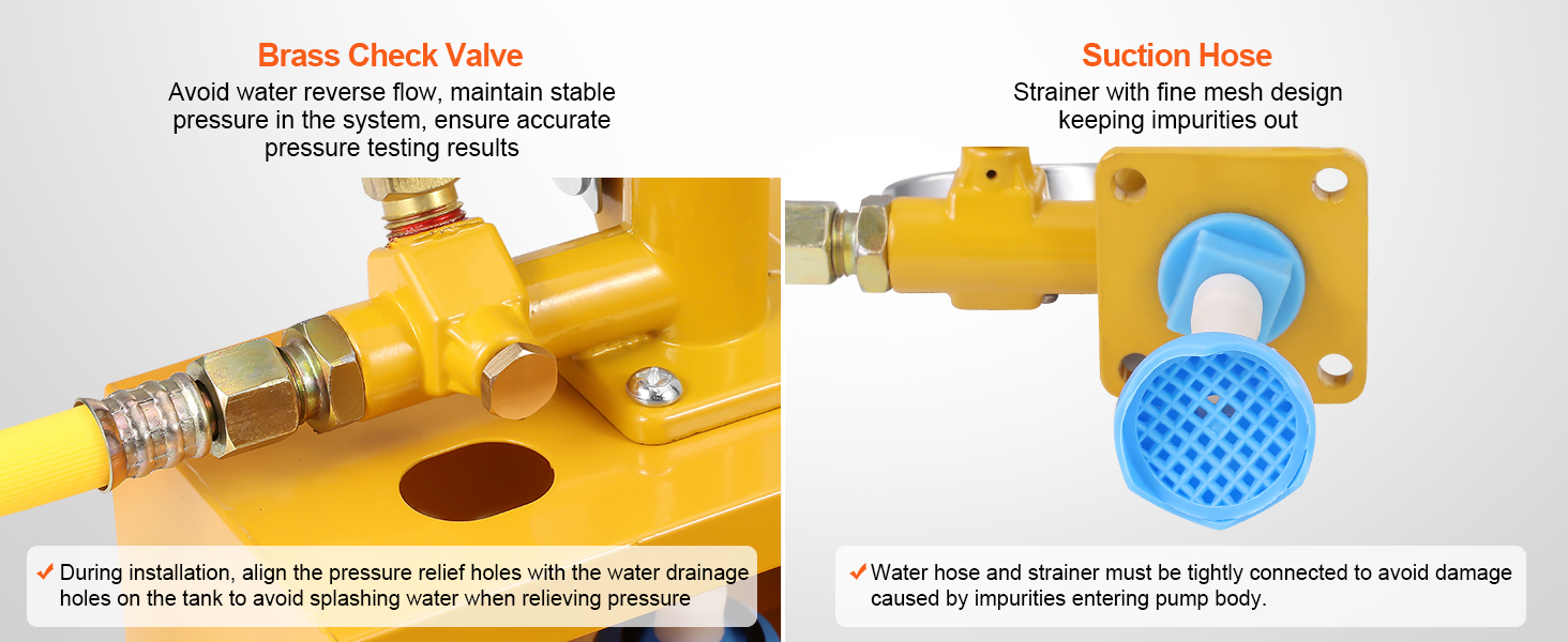 brass check valve and blue suction hose with mesh strainer for the VEVOR hydrostatic test pump.