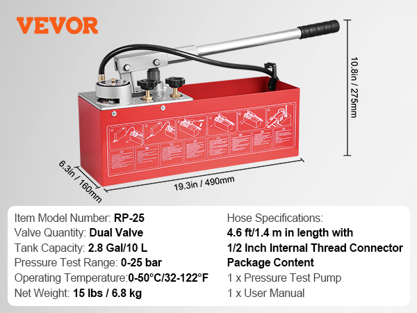 red VEVOR hydrostatic test pump with specifications for size, capacity, pressure range, and package contents.