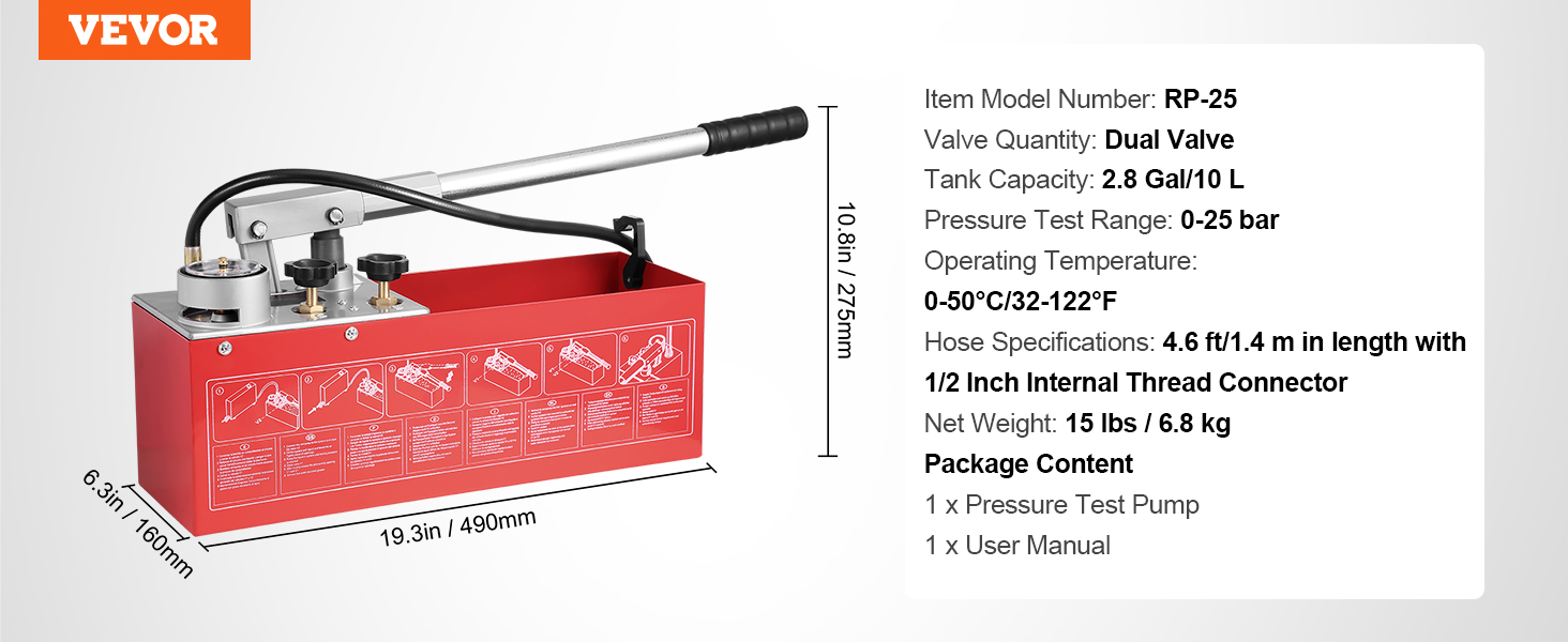 red VEVOR hydrostatic test pump with specifications for size, capacity, pressure range, and package contents.