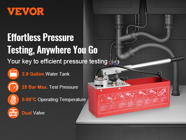 VEVOR hydrostatic test pump with 2.8-gallon tank, dual valve, and 25 bar max pressure.