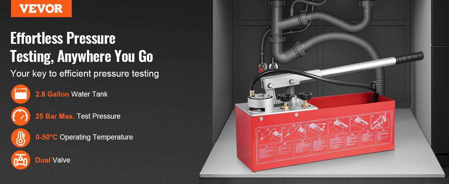 VEVOR hydrostatic test pump with 2.8-gallon tank, dual valve, and 25 bar max pressure.