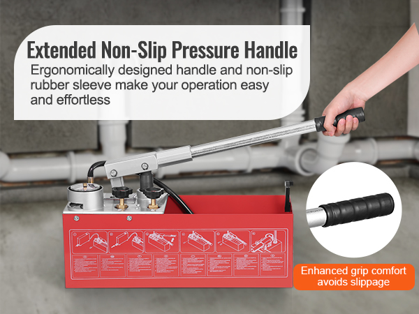 hand using the extended non-slip pressure handle of the VEVOR hydrostatic test pump for plumbing testing.