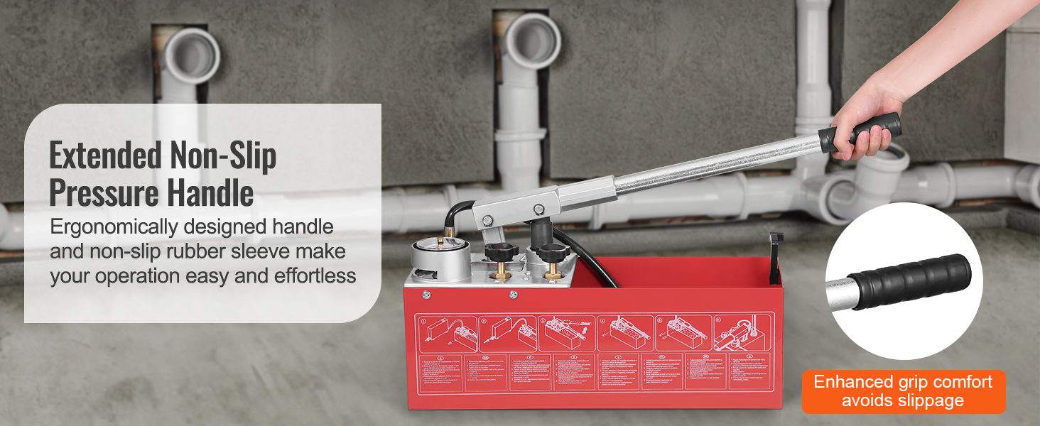 hand using the extended non-slip pressure handle of the VEVOR hydrostatic test pump for plumbing testing.