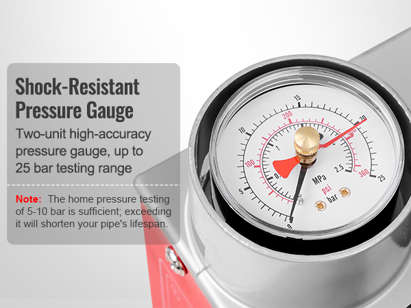 VEVOR hydrostatic test pump with shock-resistant pressure gauge for accurate testing up to 25 bar.