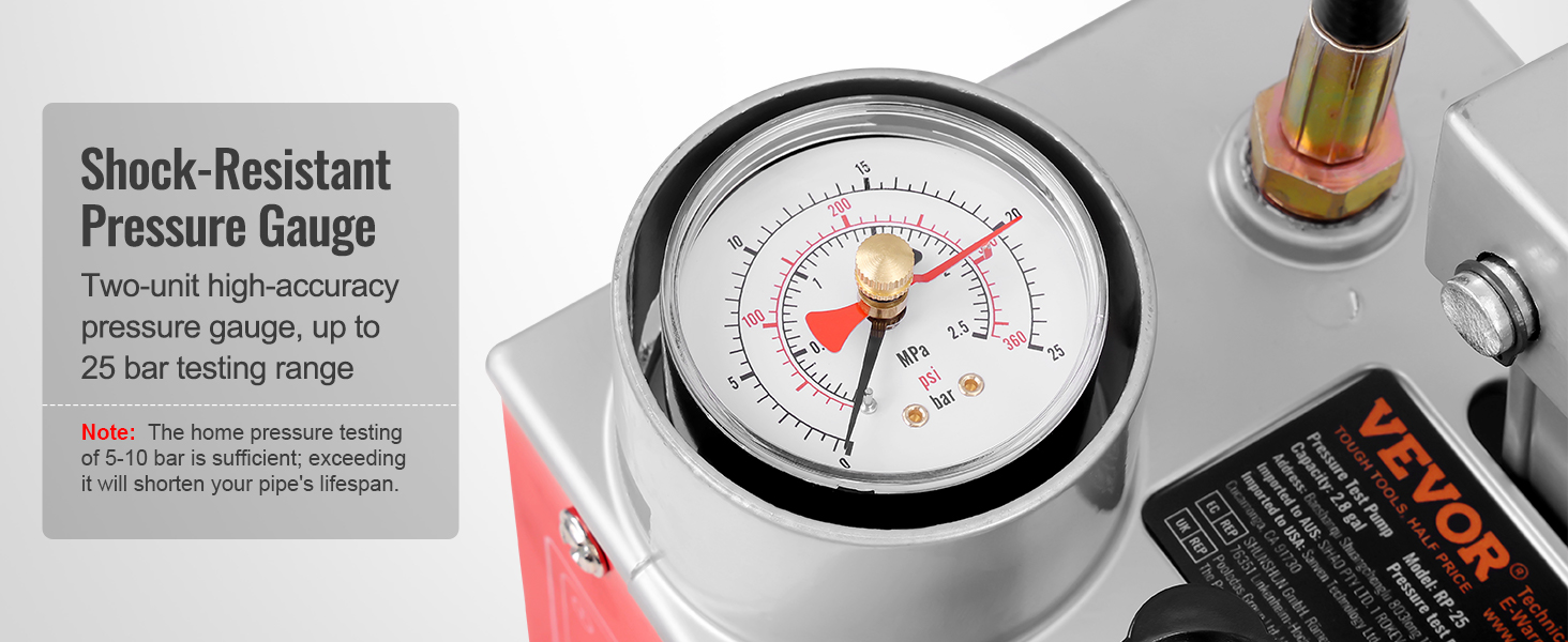 VEVOR hydrostatic test pump with shock-resistant pressure gauge for accurate testing up to 25 bar.