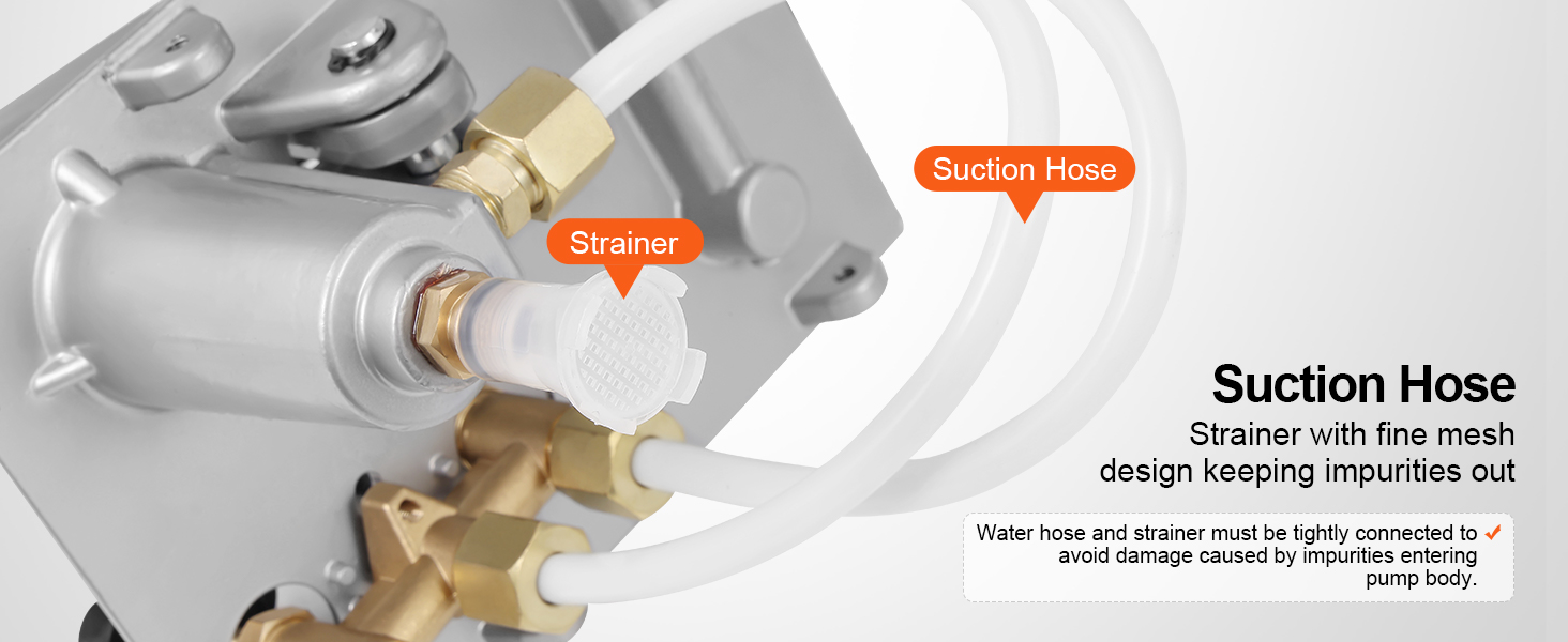 VEVOR hydrostatic test pump strainer with fine mesh design and labeled suction hose attachments.