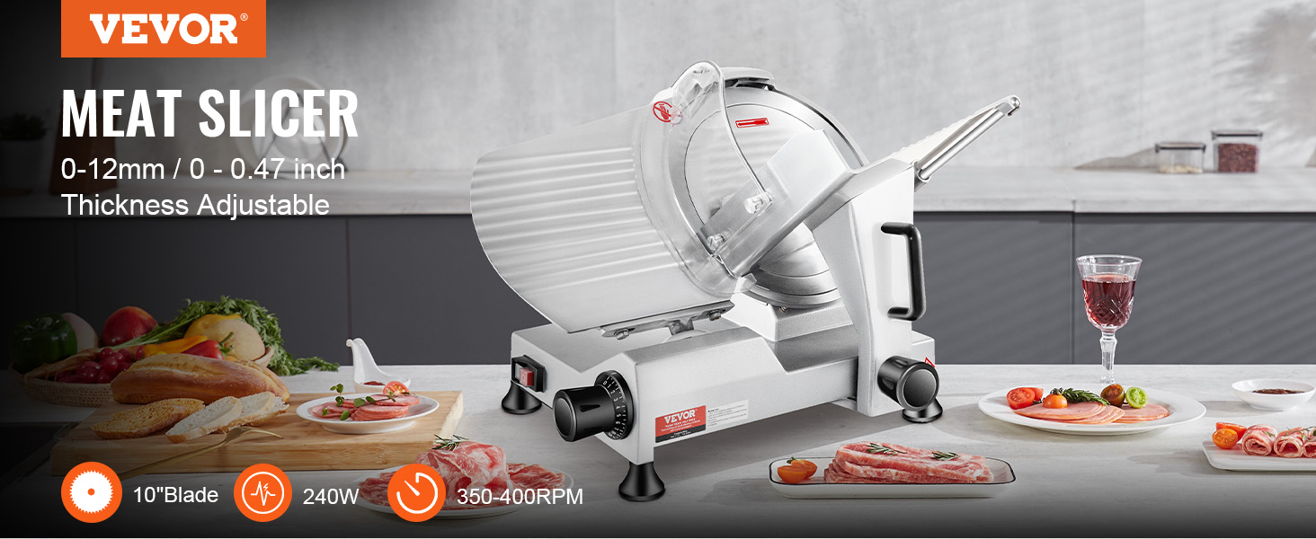 VEVOR meat slicer with 10-inch blade, 240w, in a kitchen setting with food preparation.