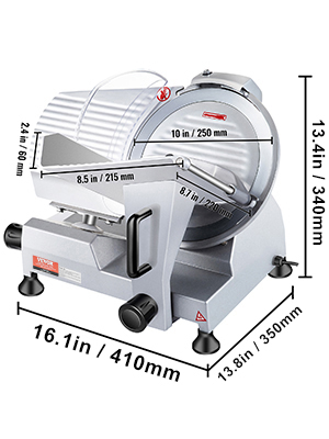 VEVOR meat slicer with 10in blade and dimensions 16.1x13.8x13.4 inches shown for size reference.