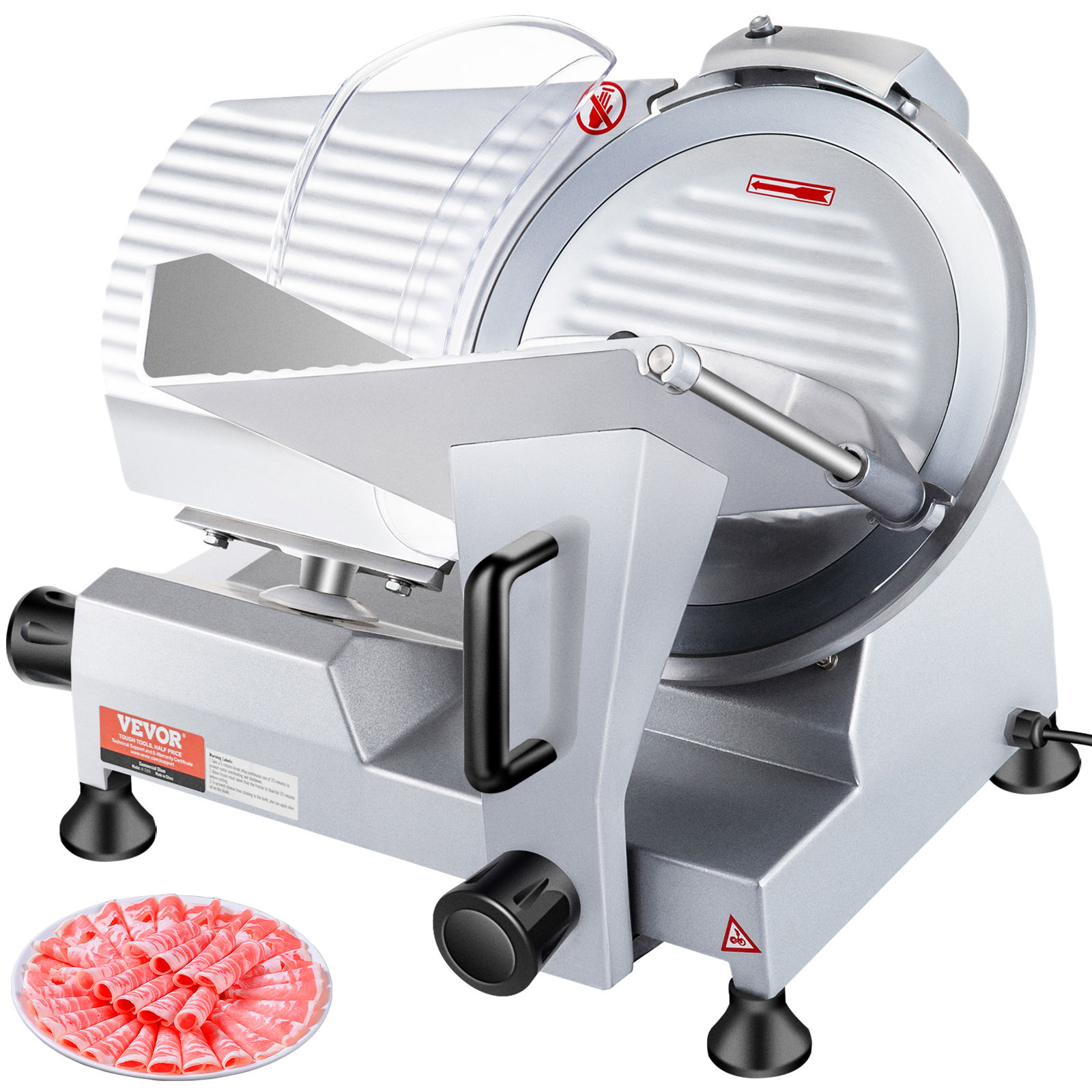 VEVOR meat slicer with stainless steel blade and safety guard, next to a plate of sliced meat.